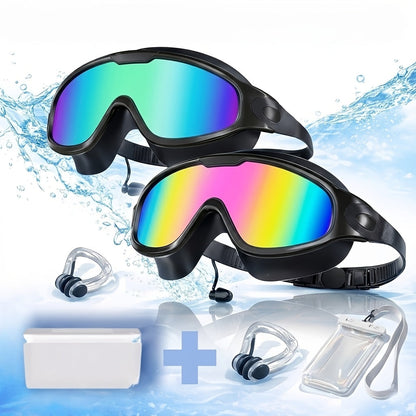 Lot de 2 lunettes de natation antibuée avec bouchons d'oreilles, pince-nez et sac étanche – Lunettes de natation avec protection UV pour hommes, femmes et adolescents, kit d'accessoires pour piscine extérieure et sports nautiques