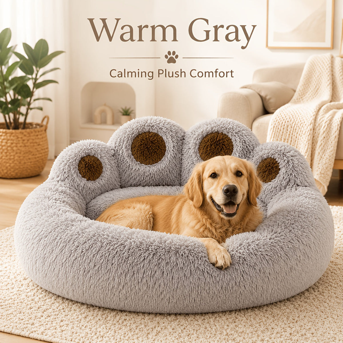 Panier rond pour chien et chat motif patte d’ours – Lit apaisant et doux pour animal de compagnie, antidérapant, chaud et confortable, petit, moyen, grand modèle, 50/60/70/90 cm, café/rose/gris