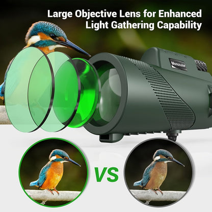 Monoculaire HD 10x42 avec adaptateur pour téléphone et trépied – Longue-vue compacte à lentilles FMC pour l'observation des oiseaux, la faune, la randonnée, le camping, les concerts et le sport – Noir et vert, cadeau de Noël