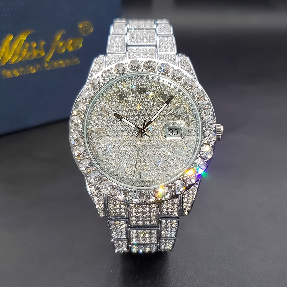 Montre à quartz pour homme avec strass, style classique business, affichage de la date, bracelet en alliage de zinc, argenté et doré, style luxueux, cadeau pour lui