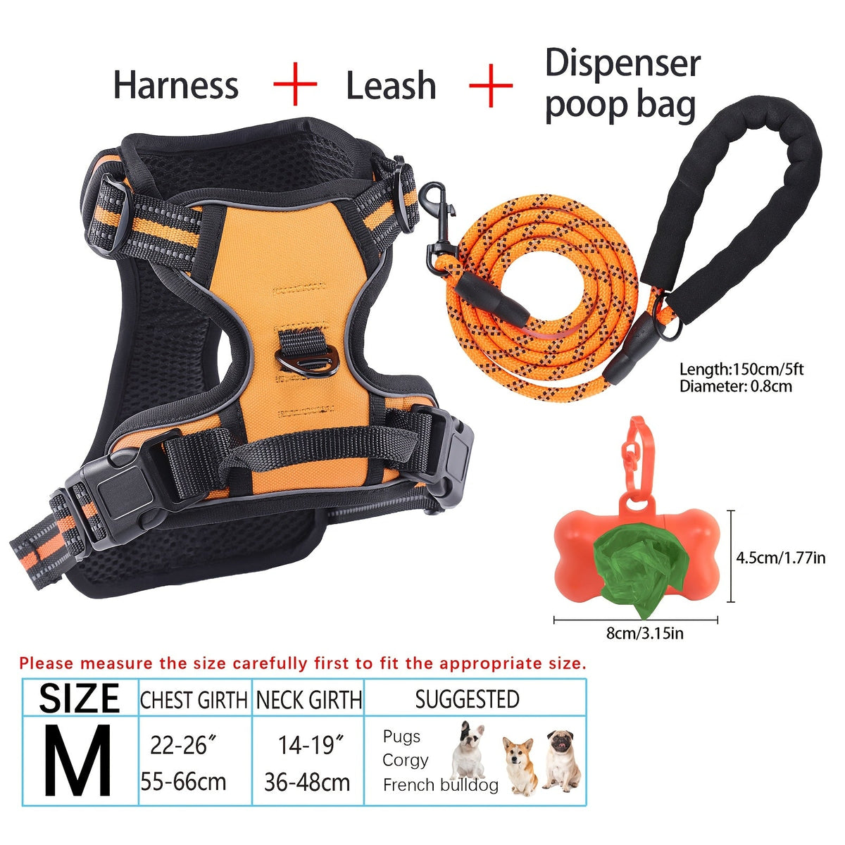 Ensemble harnais et laisse pour chien 4 pièces, gilet réfléchissant en Oxford anti-traction et anti-étranglement avec laisse, distributeur de sacs à déjections et poignée de contrôle facile, pour chiens moyens et grands, dressage et promenade en extérieur