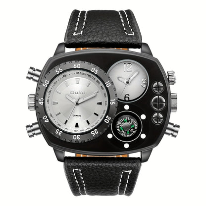 Montre à quartz pour homme à double fuseau horaire et grand cadran – Bracelet en similicuir, aiguilles lumineuses, boîtier en acier inoxydable, montre-bracelet sport décontractée pour homme, cadeau idéal