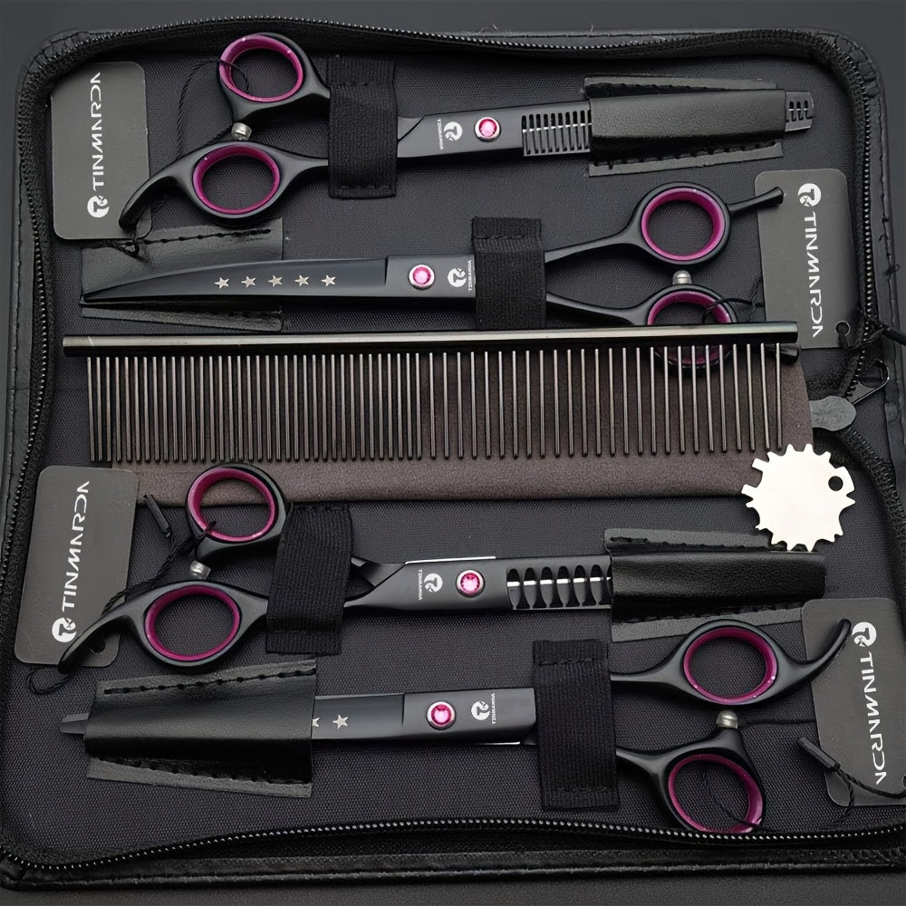 Set de 4 ciseaux professionnels de toilettage pour chien de 7 pouces, incluant ciseaux droits, sculpteurs, courbes et effileurs avec peigne et étui, en acier inoxydable 6CR, tranchants et durables, noirs