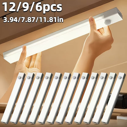 Lampes d'armoire à détecteur de mouvement LED rechargeables par USB, 6, 9, 12 pièces, veilleuse sans fil, 3 modes réglables pour chambre, escalier, cuisine, placard, sous armoire, lecture au chevet, couloir, éclairage domestique