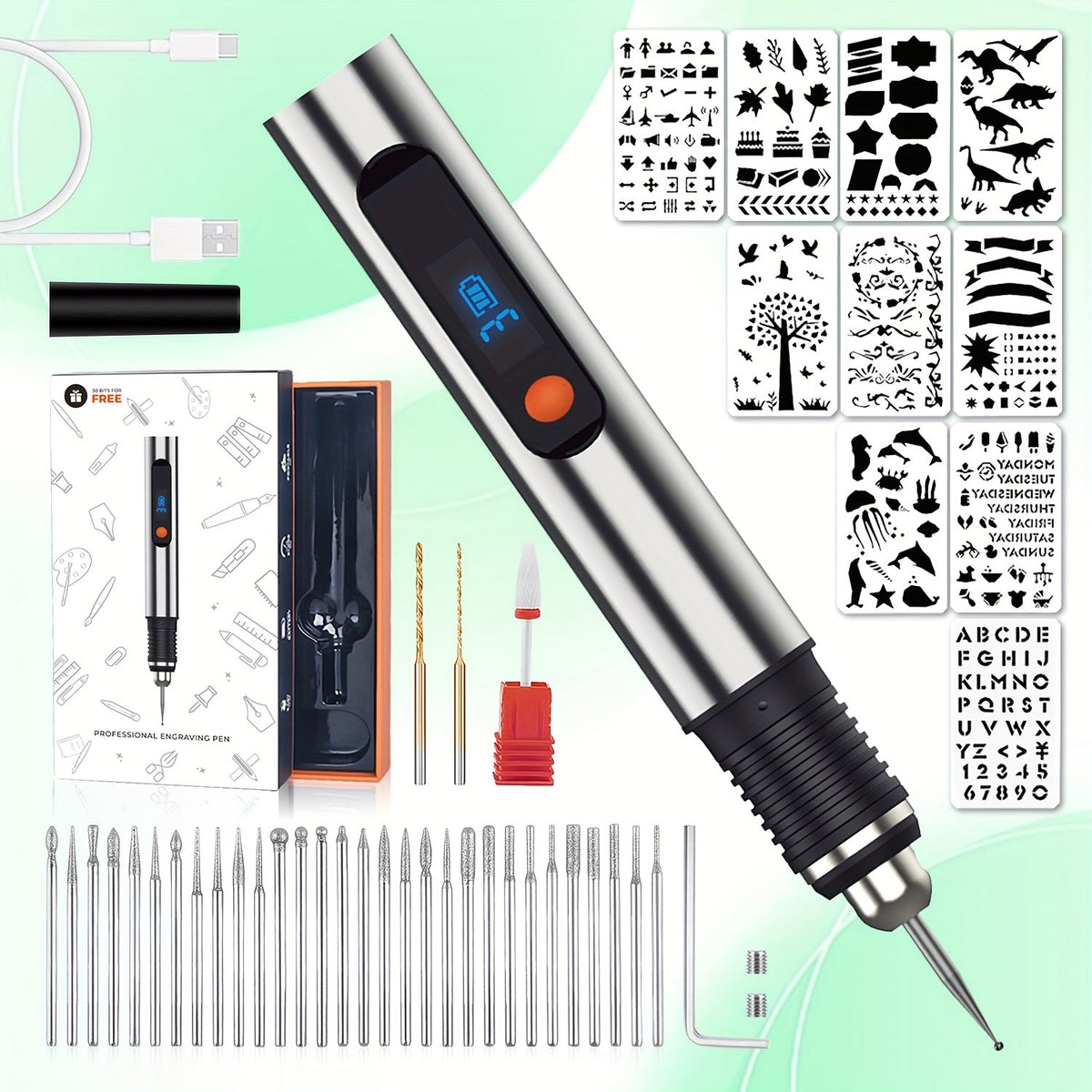 Kit de stylo de gravure électrique avec 57 accessoires - Graveur sans fil rechargeable par USB, 21 000 tr/min, 3 vitesses, 90 min d'autonomie, pour métal, verre, bois, pierre et bijoux - Cadeau de bricolage