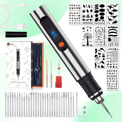 Kit de stylo de gravure électrique avec 57 accessoires - Graveur sans fil rechargeable par USB, 21 000 tr/min, 3 vitesses, 90 min d'autonomie, pour métal, verre, bois, pierre et bijoux - Cadeau de bricolage