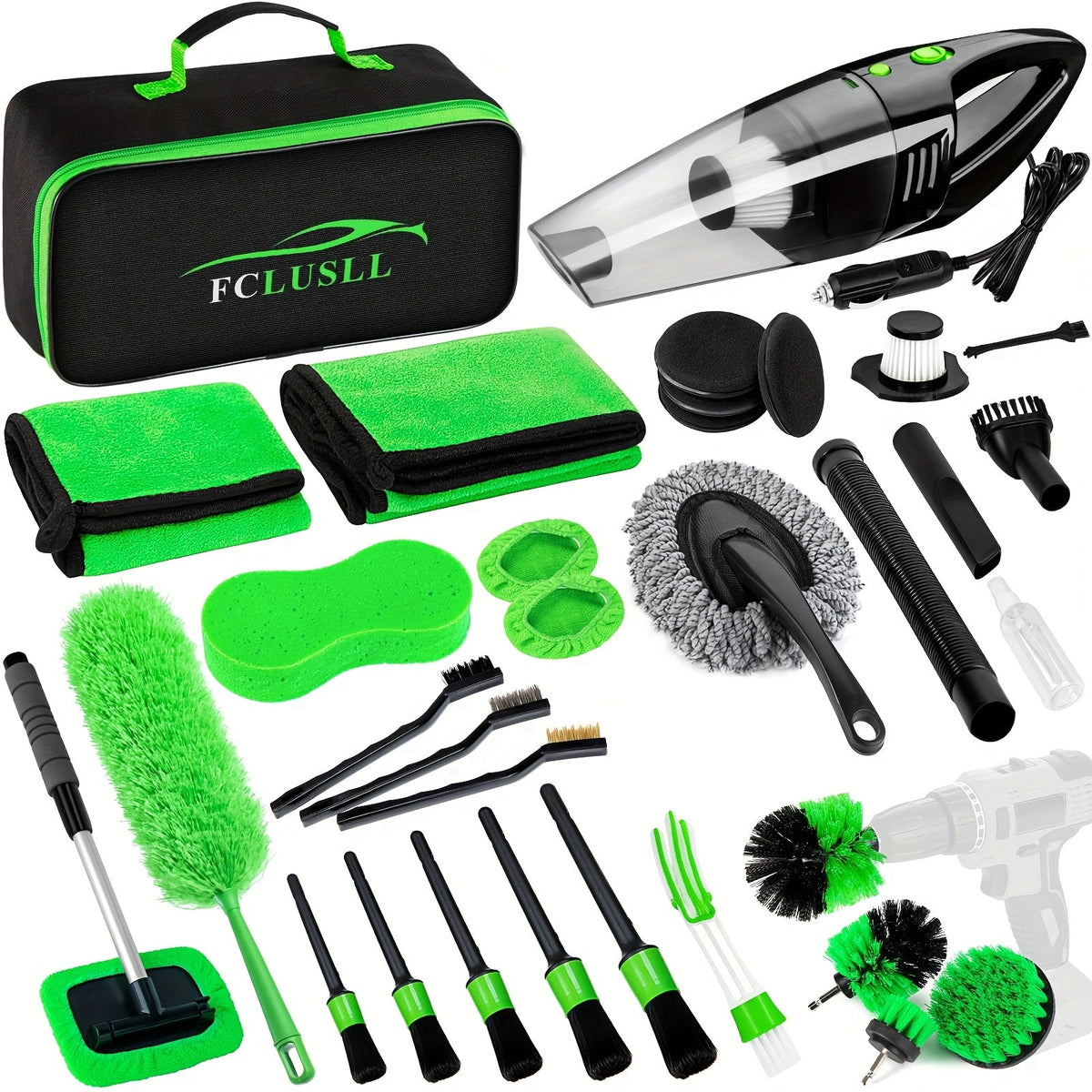 Kit de nettoyage automobile 17-35 pièces – Aspirateur portable, outil de nettoyage de pare-brise, jeu de brosses pour perceuse et ensemble de brosses pour habitacle pour un detailing complet, cadeau de fêtes pour la famille et les amis
