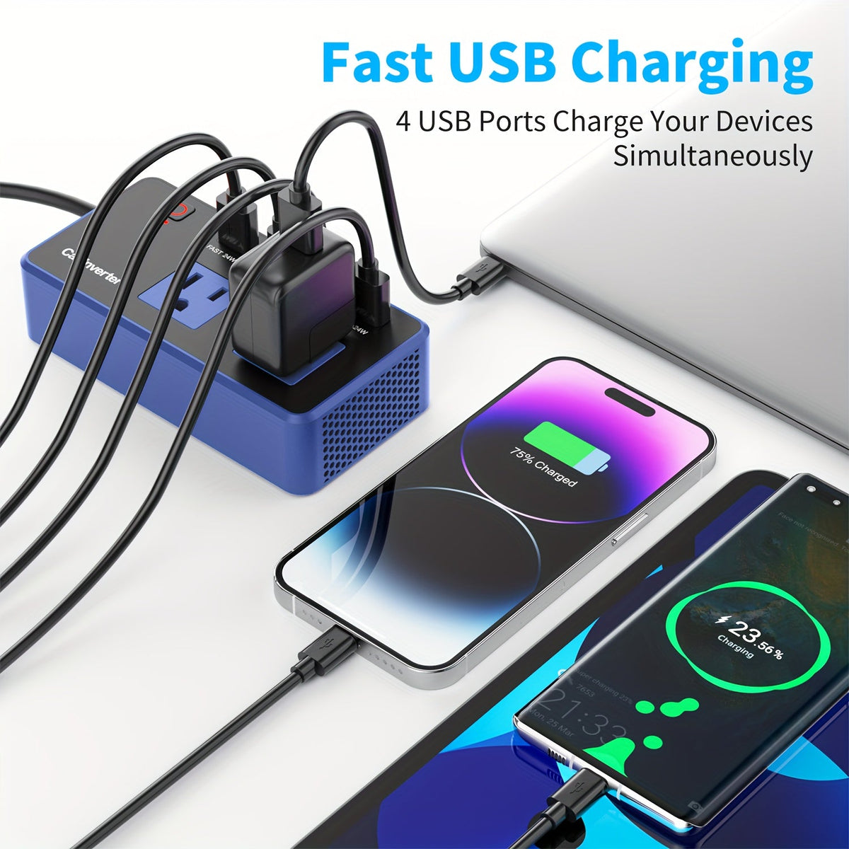 Convertisseur de courant voiture 200W 12V vers 110V CA – Charge rapide USB-C PD 24W, double port USB QC3.0, adaptateur de chargeur voiture multi-protection pour ordinateur portable, téléphone, voyage et route