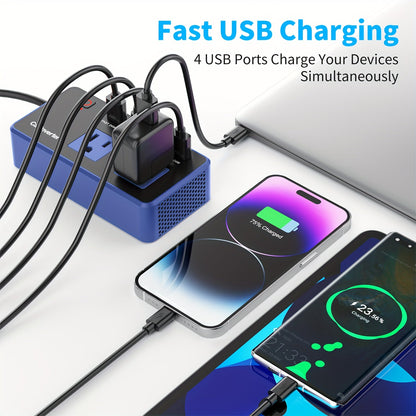 Convertisseur de courant voiture 200W 12V vers 110V CA – Charge rapide USB-C PD 24W, double port USB QC3.0, adaptateur de chargeur voiture multi-protection pour ordinateur portable, téléphone, voyage et route