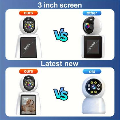 Caméra intérieure WiFi PTZ avec écran intégré de 3 pouces, appel vidéo HD 3MP, audio bidirectionnel, vision nocturne couleur, détection par IA, moniteur pour animaux, bébé et personnes âgées, caméra de sécurité domestique avec contrôle par application