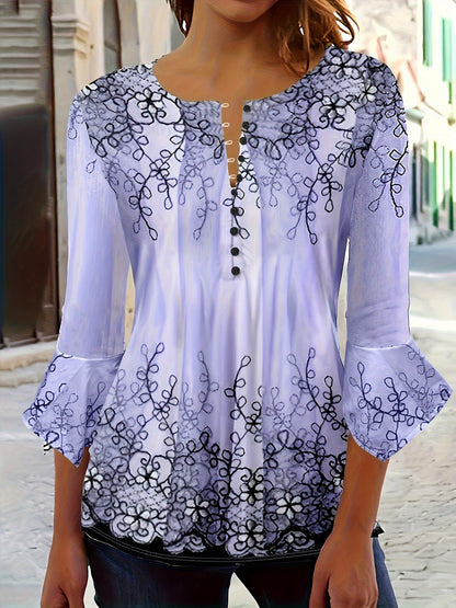 Chemisier boutonné à motif floral pour femme, haut tunique décontracté à manches évasées et volants, tissu en maille extensible doux, printemps, été, automne, S-XXL, lavable en machine