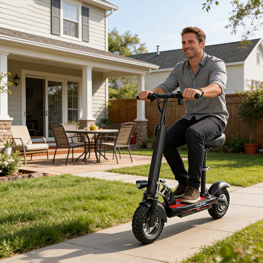 Trottinette électrique pour adultes avec siège 749W tout-terrain 56 km – Batterie 48V 16,5Ah, siège amovible, 3 modes de vitesse, double frein à disque, amortisseurs multiples, large plateau pour trajets domicile-travail Q5