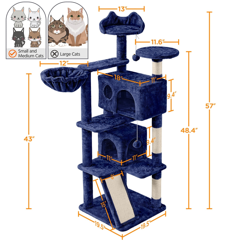 Arbre à chat multiniveaux de 145 cm avec 2 niches – poteaux à griffer en sisal, balle suspendue, plateforme ronde et échelle pour chatons et petits chats d'intérieur, 6 couleurs, cadeau de Noël pour les amoureux des chats