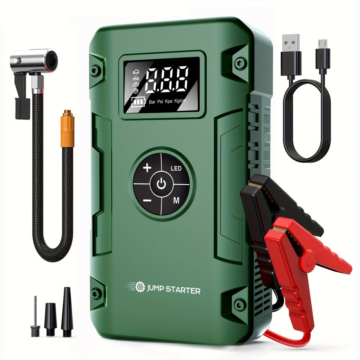 Démarreur de batterie 10000A 7-en-1 avec compresseur d'air 150PSI – Booster de batterie portable pour moteurs essence et diesel, pompe haute pression, kit d'urgence pour véhicule, batterie externe