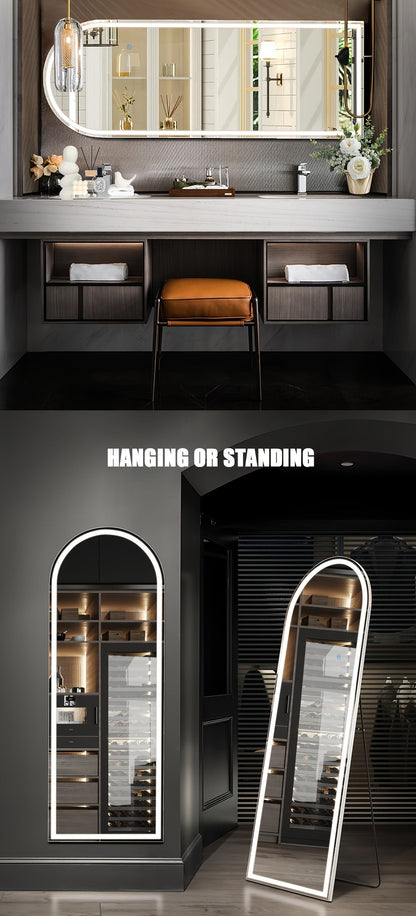 Miroir sur pied pleine longueur avec lumières LED - Sommet arqué et rectangulaire, cadre en aluminium, miroir habillage sur pied de 180 cm pour chambre et salon, noir or blanc, verre trempé de 5 mm