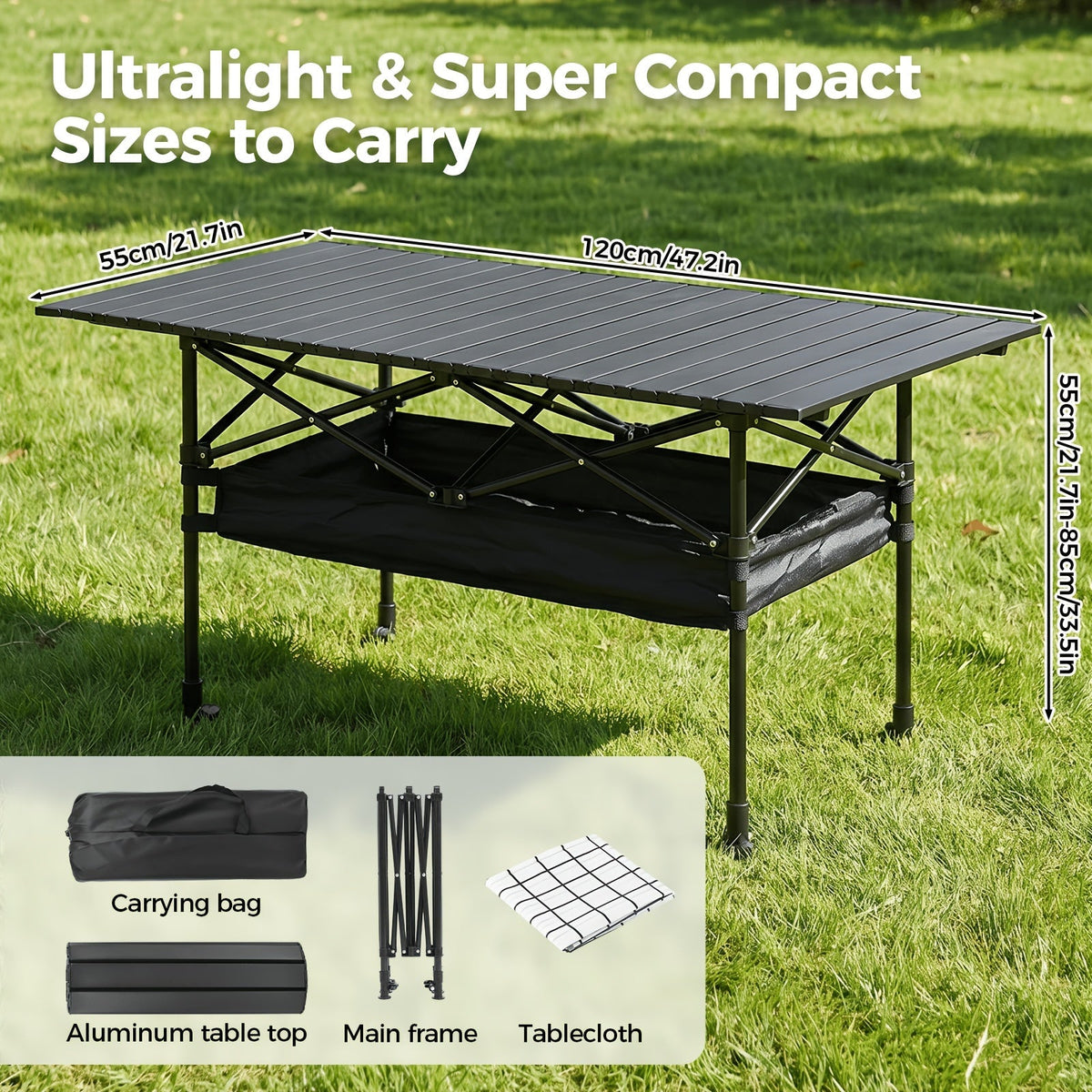 Table de camping pliante portable en aluminium, légère, pour pique-nique en plein air, avec filet de rangement et sac de transport – Hauteur réglable 95 cm, facile à ranger, pour camping, plage, jardin, barbecue, fête et terrasse