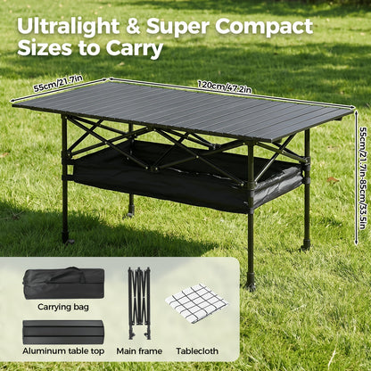 Table de camping pliante portable en aluminium, légère, pour pique-nique en plein air, avec filet de rangement et sac de transport – Hauteur réglable 95 cm, facile à ranger, pour camping, plage, jardin, barbecue, fête et terrasse
