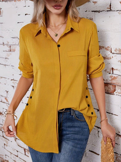 Chemise boutonnée à manches longues rayées pour femme, col à revers, fausse poche, chemisier ample décontracté, jaune, vert olive, printemps, automne, S, M, L, XL, XXL