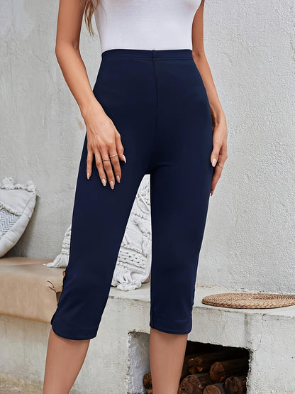 Legging corsaire moulant uni pour femme – Pantalon court extensible à coupe ajustée pour le sport d'été, le yoga et les tenues décontractées, bleu marine