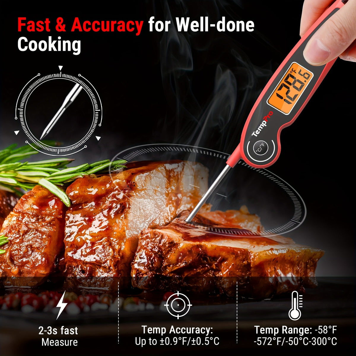 Thermomètre à viande à lecture instantanée avec sonde pliable à détection de mouvement, thermomètre alimentaire numérique pour cuisine, barbecue, fumoir, confiserie et friture, -50°C à 300°C, réponse rapide en 2-3 secondes