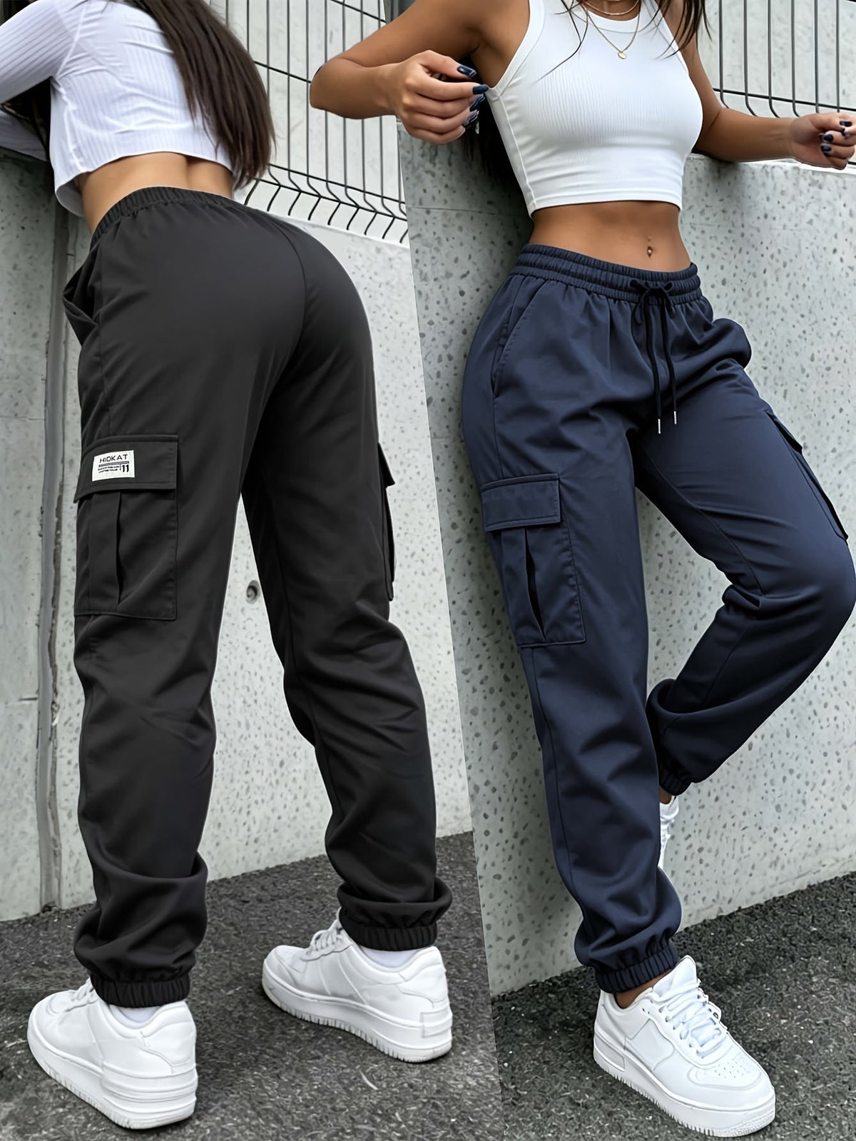 Pantalon cargo pour femme avec poches zippées – Taille élastique à cordon de serrage, grandes poches, pantalon décontracté pour l'extérieur, noir, gris, vert, bleu, XS-XXL