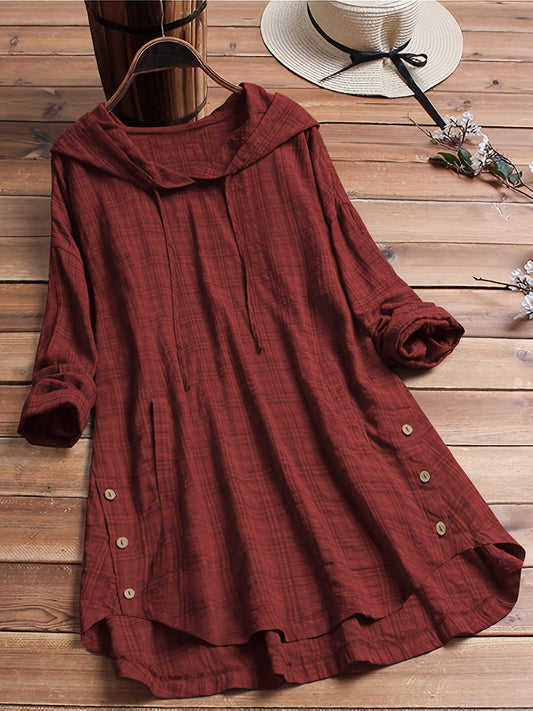 Women's Plaid Hooded Long Sleeve Drawstring Shirt | Asymmetrical Hem Waist-Tied Blouse Casual Autumn Outerwear Top