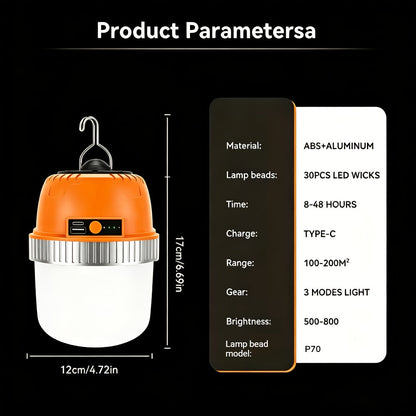 Lanterne de camping LED rechargeable par USB avec batterie externe intégrée, lampe de tente portable ultra-lumineuse pour camping, barbecue, terrasse, extérieur et urgences, recharge les téléphones portables, design autoportant et suspendu