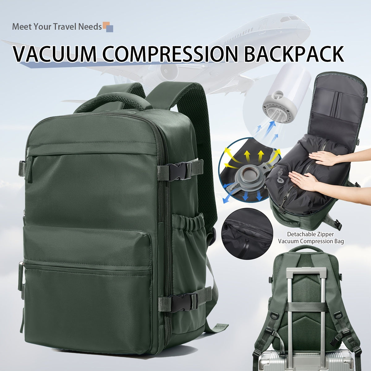 Sac à dos de voyage avec pompe à vide – Sac de transport pour ordinateur portable extensible, grande capacité, gain de place, en tissu Oxford pour hommes et femmes, randonnée, camping et voyage