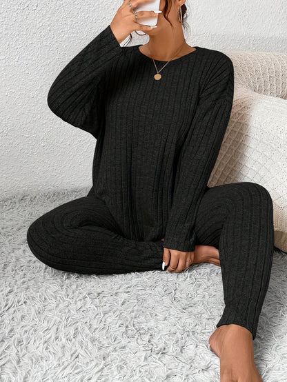 Women's Ribbed Two-Piece Set – Casual Soft 100% Polyester Crew Neck Long Sleeve Top & Pants Micro-Stretch Commuter Fashion Spring Fall Outfit