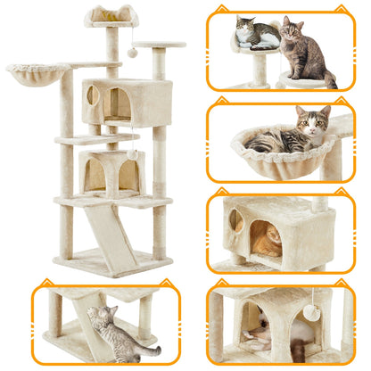 Arbre à chat multiniveaux de 145 cm avec 2 niches – poteaux à griffer en sisal, balle suspendue, plateforme ronde et échelle pour chatons et petits chats d'intérieur, 6 couleurs, cadeau de Noël pour les amoureux des chats