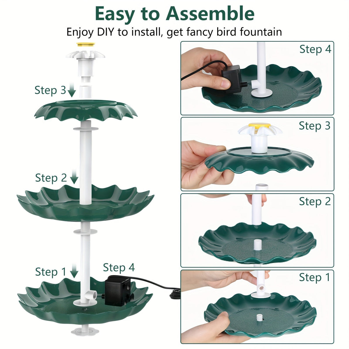 Fontaine à oiseaux solaire à 3 niveaux 3,5 W – Pompe de fontaine solaire pour décoration de jardin ou cour extérieure, sans câblage, vert foncé, bleu clair ou fontaine seule, options à un ou trois niveaux