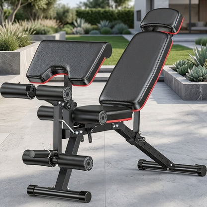 Foldable 6-in-1 Adjustable Weight Bench for Home Gym – 770 LBS Capacity, Flat Incline Decline, Resistance Bands, Preacher Curl Pad & Leg Developer, Full Body Strength Training Equipment