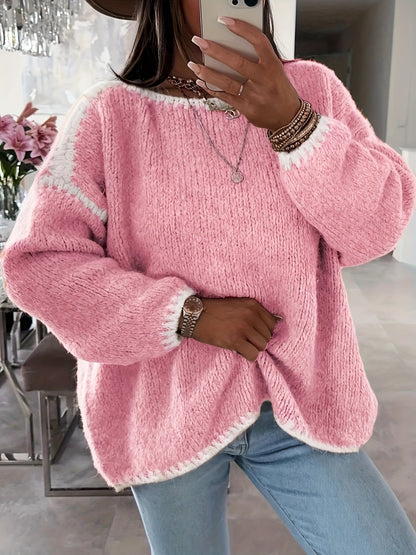 Pull-over femme à encolure bateau et blocs de couleur – Haut décontracté en maille contrastante, manches longues et coupe ample pour l'automne et l'hiver, style épaules dénudées, 7 couleurs, tailles S à XXL, pull doux et confortable pour le quotidien