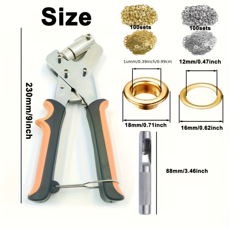 Lot de 200 œillets de 10 mm avec outils et anneaux, kit d'œillets métalliques pour bâches, similicuir, toile, tissus imperméables, projets de couture et loisirs créatifs DIY