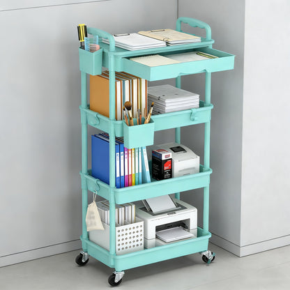Desserte de rangement à roulettes 3 et 4 niveaux avec tiroir et roues verrouillables – Étagère de rangement multifonctionnelle en plastique pour cuisine, salle de bain, salon, bureau – 7 couleurs