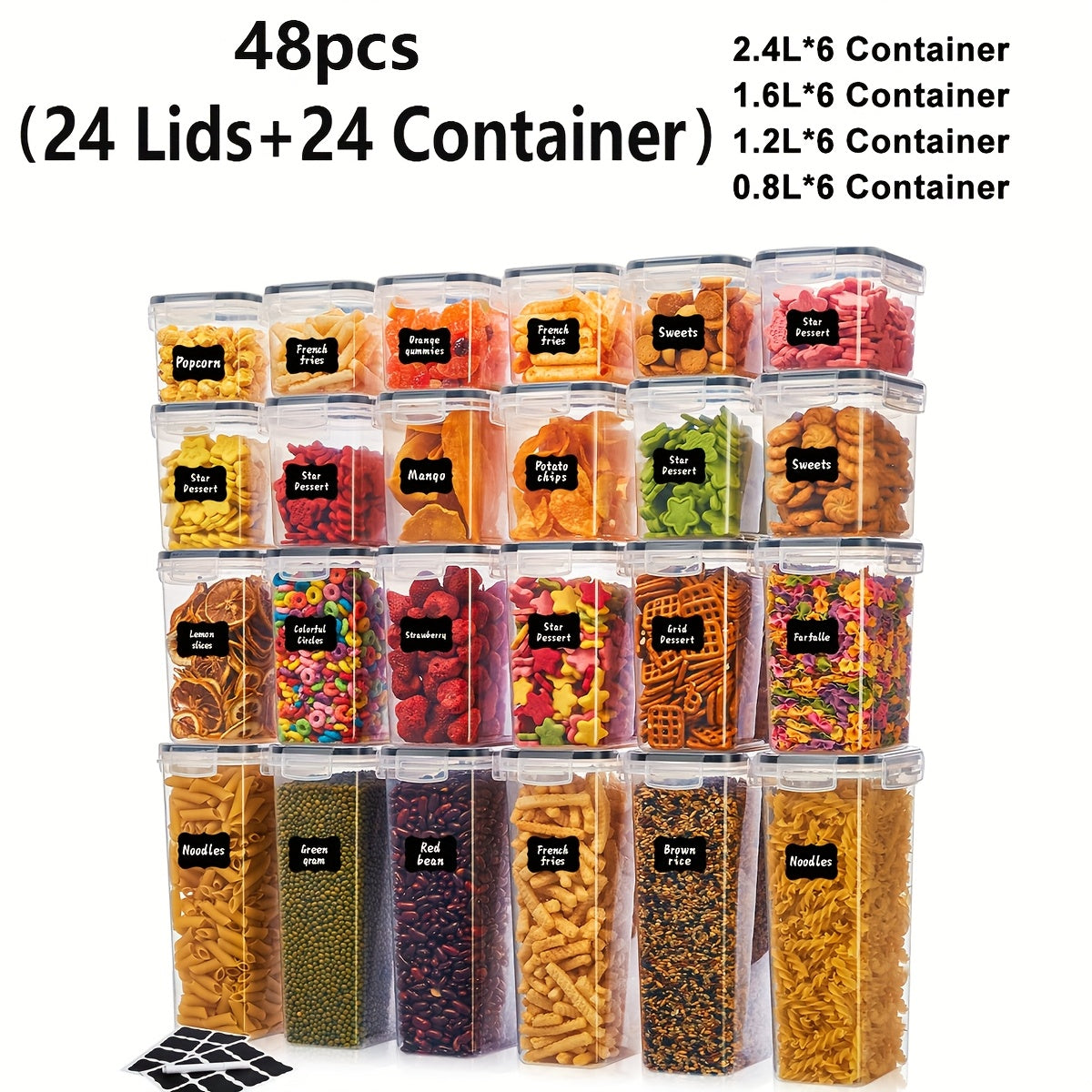 Boîtes de conservation hermétiques avec couvercles, sans BPA – Récipients de rangement de garde-manger en plastique avec fermeture à clapet pour riz, céréales, pâtes, farine et sucre, empilables, ensembles de 6 à 84 pièces