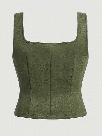 Gilet vintage à lacets avec cordon de serrage pour femme, haut tissé élégant, chemisier sans manches, printemps, été, automne, vert kaki, S M L XL