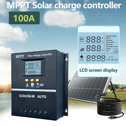 Contrôleur de charge solaire MPPT 100 A avec écran LCD et suivi automatique – Compatible avec les batteries au plomb, au lithium et LiFePO4, pour systèmes solaires hors réseau, camping-cars, bateaux et maisons