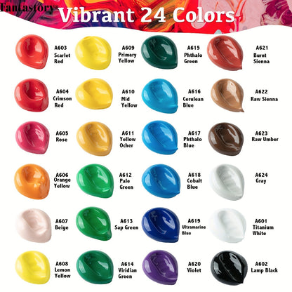 Ensemble de peinture acrylique professionnelle, 24 couleurs, grand format 60 ml, avec 12 pinceaux – Peintures acryliques riches en pigments et épaisses pour toile, bois, pierre, verre et céramique – Fournitures d'art pour débutants et artistes