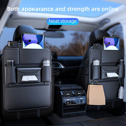 Organisateur de dossier de siège auto en cuir PU, grand sac de rangement multi-poches pour bouteilles d'eau, tablettes et ordinateurs portables – Organisateur d'intérieur de voiture élégant, noir classique, pour voitures, SUV et camions