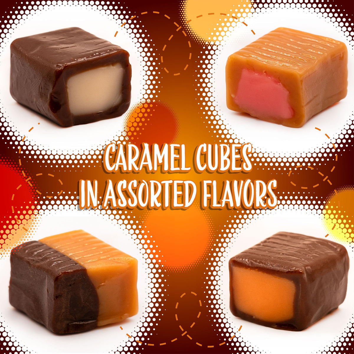 Sachet en vrac de 3 livres de bonbons fourrés aux cubes de caramel – ~220 unités emballées individuellement, parfums assortis : fraise, chocolat, orange, vanille et menthe, idéal pour les coupelles à bonbons, les cadeaux et la pâtisserie