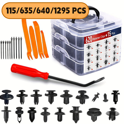 Kit d'assortiment de clips de fixation pour voiture 115/635/640/1290 pièces - 16 tailles de rivets en nylon pour pare-chocs et garde-boue, fixations automobiles avec serre-câbles et outil de démontage