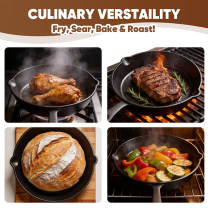 Ensemble de 3 poêles en fonte 15, 20 et 25 cm – Pré-assaisonnées, antiadhésives, ultra-résistantes, compatibles four, grill et feu de camp, répartition uniforme de la chaleur, pour steaks et pains de maïs – Ustensiles de cuisine rustiques