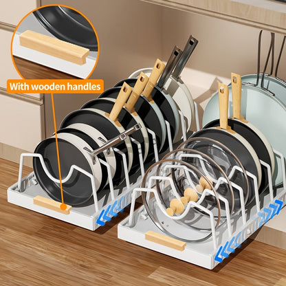 Organisateur de placard coulissant pour casseroles et poêles avec support à couvercles – 8/16 séparateurs réglables, installation sans perçage, rangement coulissant pour couvercles, ustensiles de pâtisserie et assiettes – 1 ou 2 pièces, noir et blanc