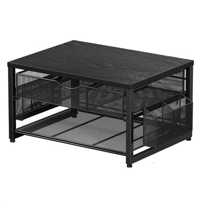 Support d'imprimante en métal pour bureau avec tiroir de rangement et 2 porte-stylos – Organisateur de bureau à 2 niveaux pour bureau à domicile, table d'imprimante polyvalente pour télécopieur, scanner et dossiers, bois et noir