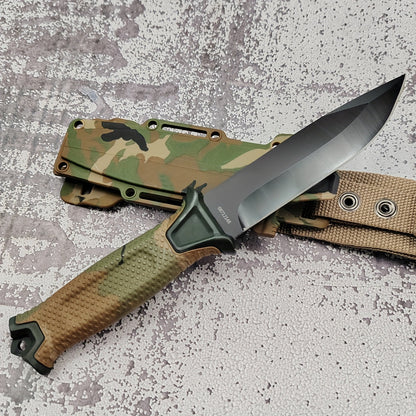 Couteau à lame fixe pour extérieur – Lame droite en acier inoxydable, manche antidérapant, étui type K, couteau EDC pour chasse, pêche, camping, survie, camouflage, outil de terrain polyvalent pour hommes