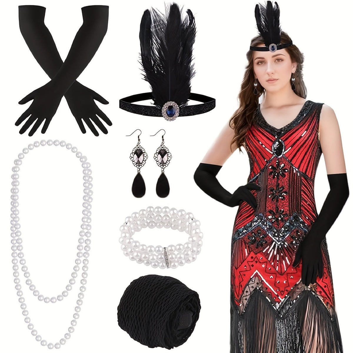 Robe Charleston années 1920 pour femme, à sequins, perles et franges, col en V, costume Great Gatsby avec accessoires, S-XL, rouge, noir, doré