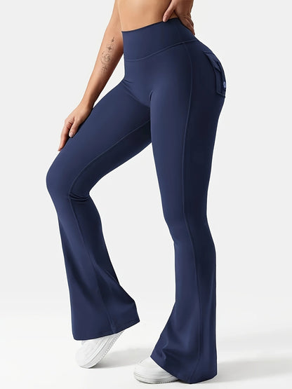 Ensemble 3 pièces pour femme : pantalon de yoga évasé à taille haute avec ceinture et poches, legging galbant effet push-up, squat-proof, 90 % polyester extensible, coupe évasée pour le sport, la gym, la course et le quotidien