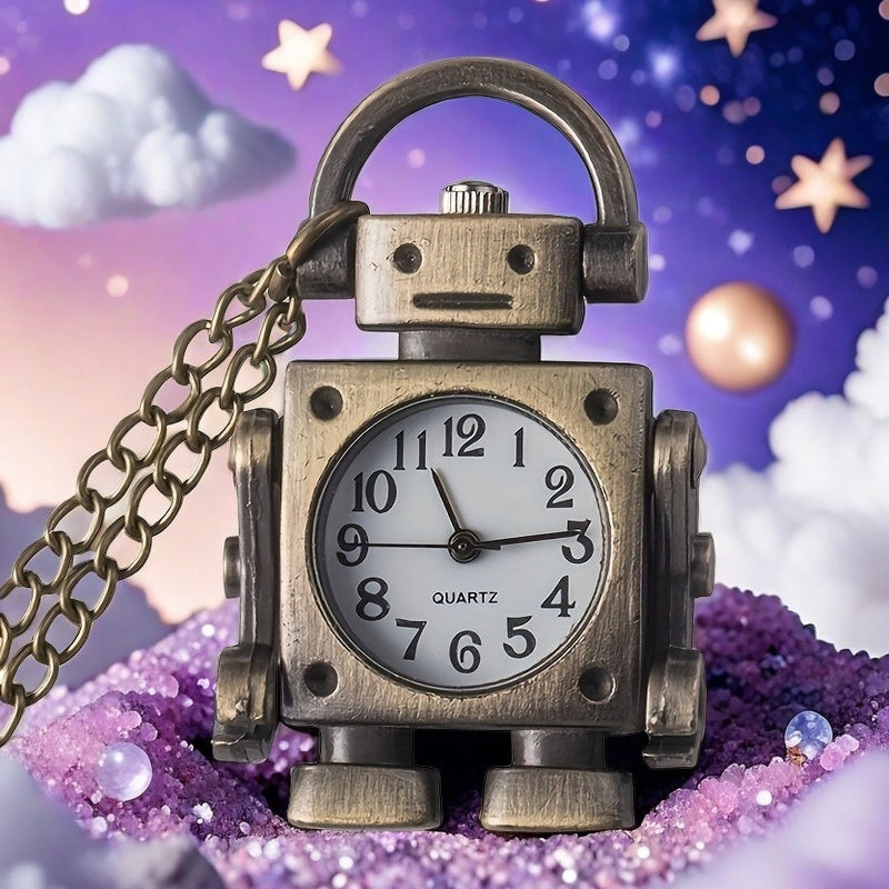 Montre de poche à quartz en forme de robot vintage avec porte-clés – Pendentif rond rétro en alliage de zinc, breloque de sac, cadeau unique pour Noël, un anniversaire ou le Nouvel An