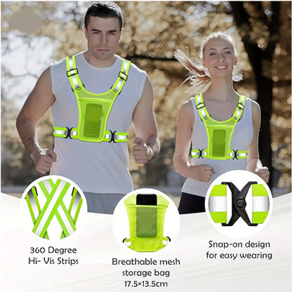 Lot de 2 gilets de running réfléchissants avec support pour téléphone et 2 bracelets réfléchissants – Équipement de sécurité haute visibilité pour hommes et femmes, jogging, promenade de chien, cyclisme